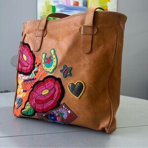 Consuela Lucy Classic Full Grain Leather & Colorfully Embroidered Tote